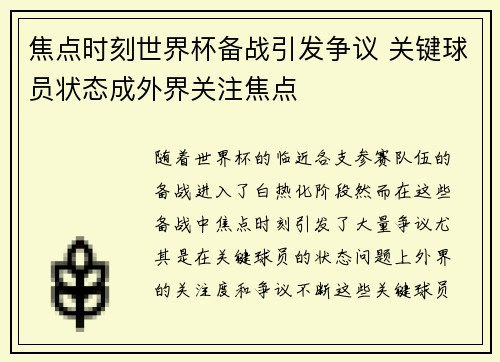 焦点时刻世界杯备战引发争议 关键球员状态成外界关注焦点