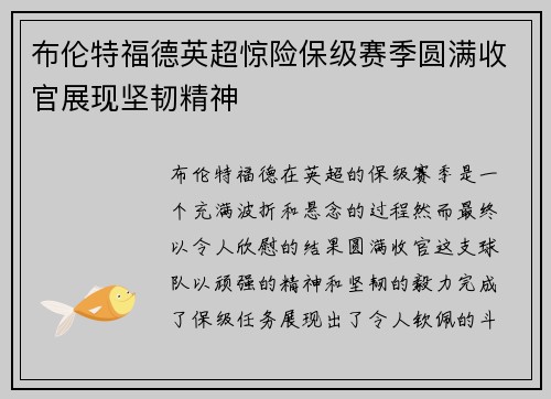 布伦特福德英超惊险保级赛季圆满收官展现坚韧精神