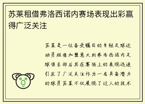 苏莱租借弗洛西诺内赛场表现出彩赢得广泛关注
