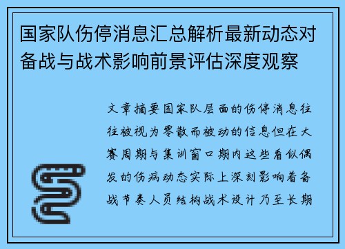 国家队伤停消息汇总解析最新动态对备战与战术影响前景评估深度观察 国家队伤停消息汇总解析最新动态对备战与战术影响前景评估深度观察